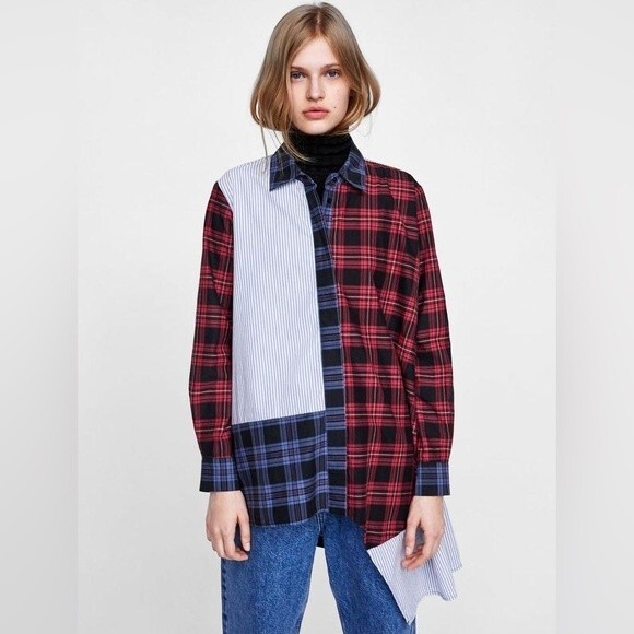 Zara Patchwork Multicolor Plaid Asymetrical Hem Button Down Shirt 2XL - Picture 1 of 6